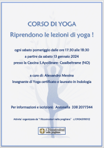 Il 13 gennaio 2024 alle h.17.30 ricomincia il corso di Yoga a S.Apò tenuto da Alessandro Messina. Per info: Antonella: 3382077344