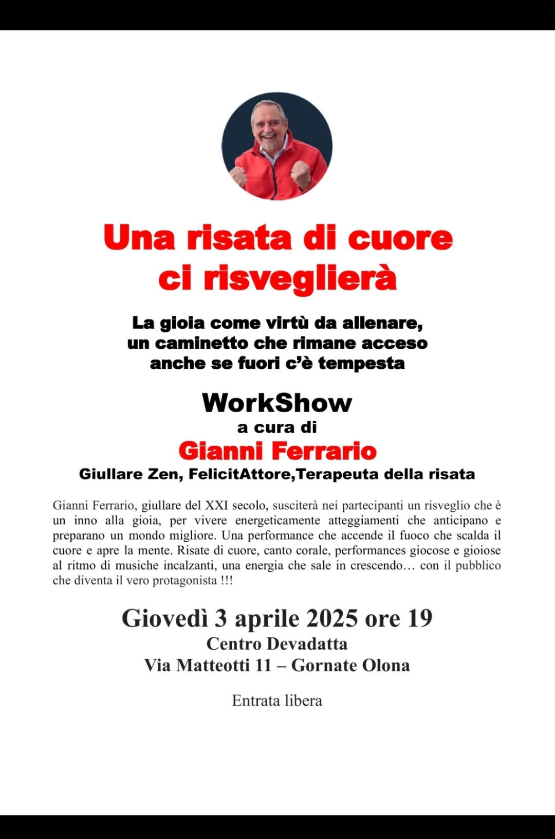 Workshow “Una risata di cuore ci risveglierà” – 3 aprile 2025 ore 19.00