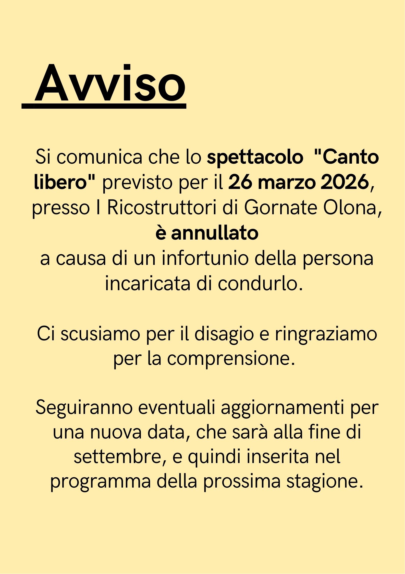 Annullamento spettacolo “Canto libero” del 26 marzo 2026